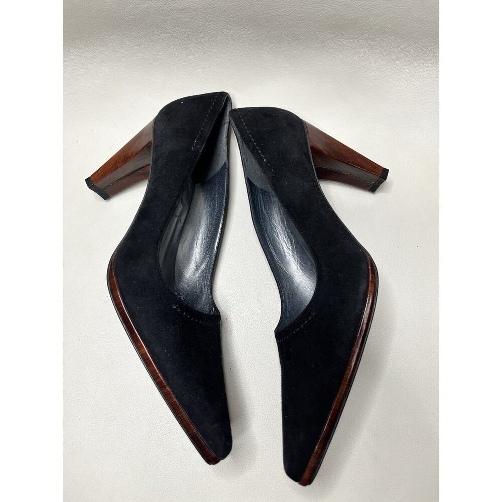 Vintage Y2K Stuart Weitzman Suede Point Toe Pumps Black Faux Wooden Heel Size 8 - Picture 4 of 9